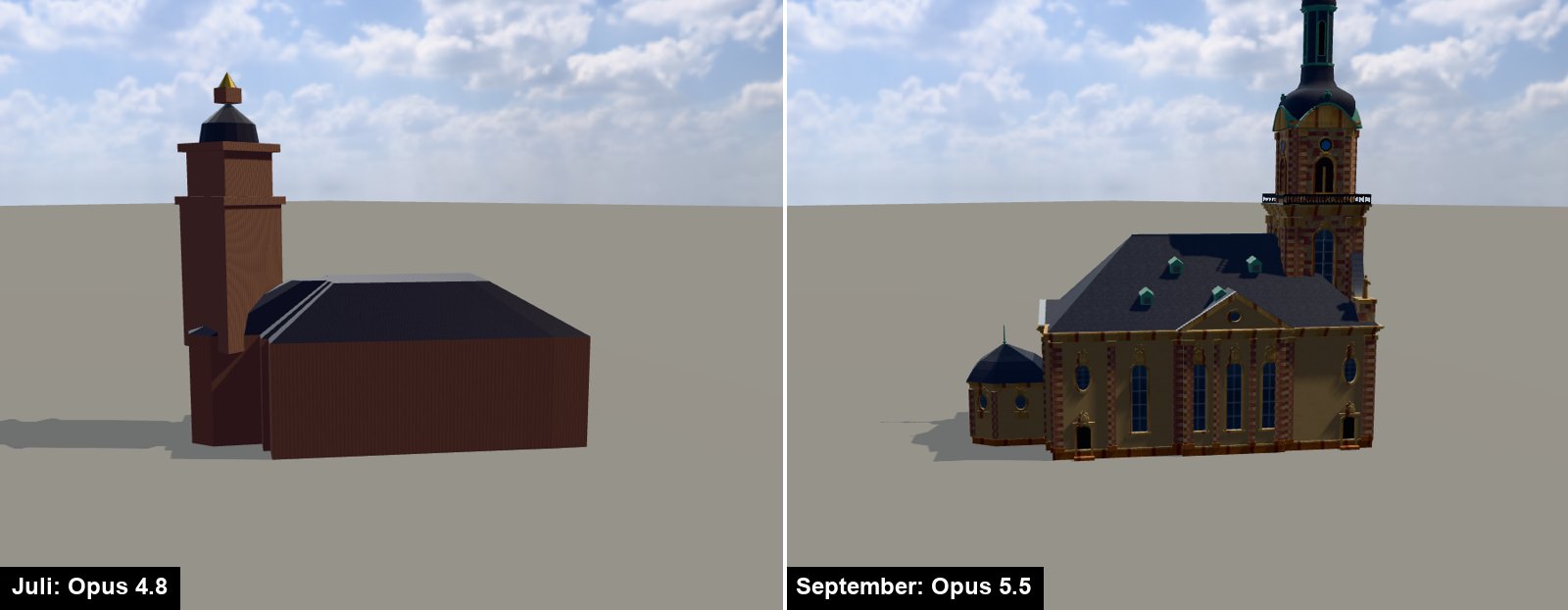 Basilika St. Johann: links Opus 4.8 im Juli, rechts Opus 5.5 im September