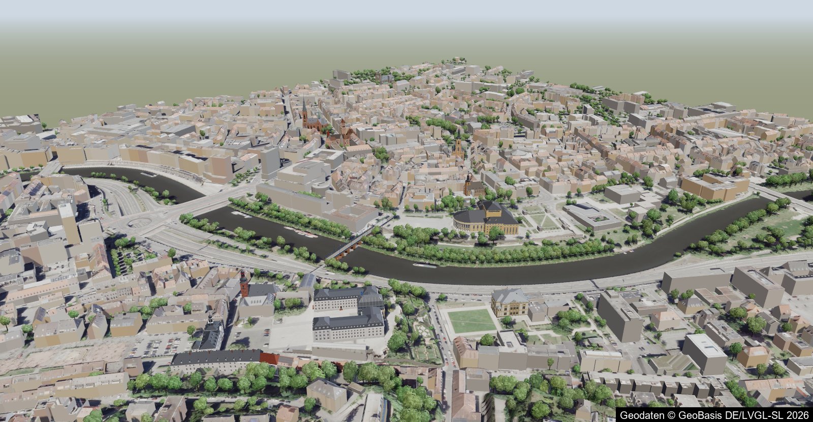 3D-Modell der Saarbrücker Innenstadt aus Landesdaten mit Saarbogen, Staatstheater, Alter Brücke und Schloss
