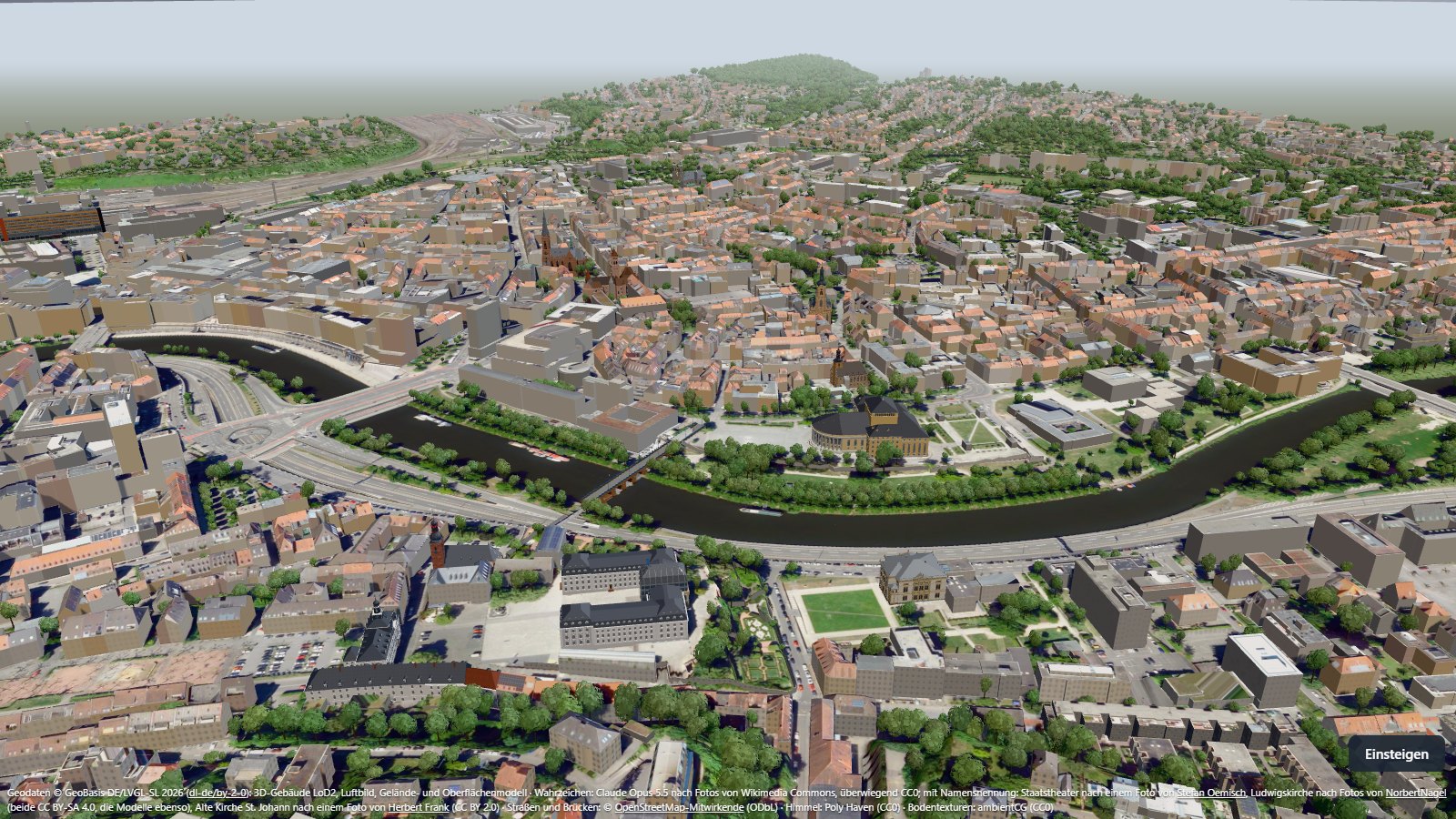 3D-Modell der Saarbrücker Innenstadt mit Saarbogen, Staatstheater, Alter Brücke und Schloss