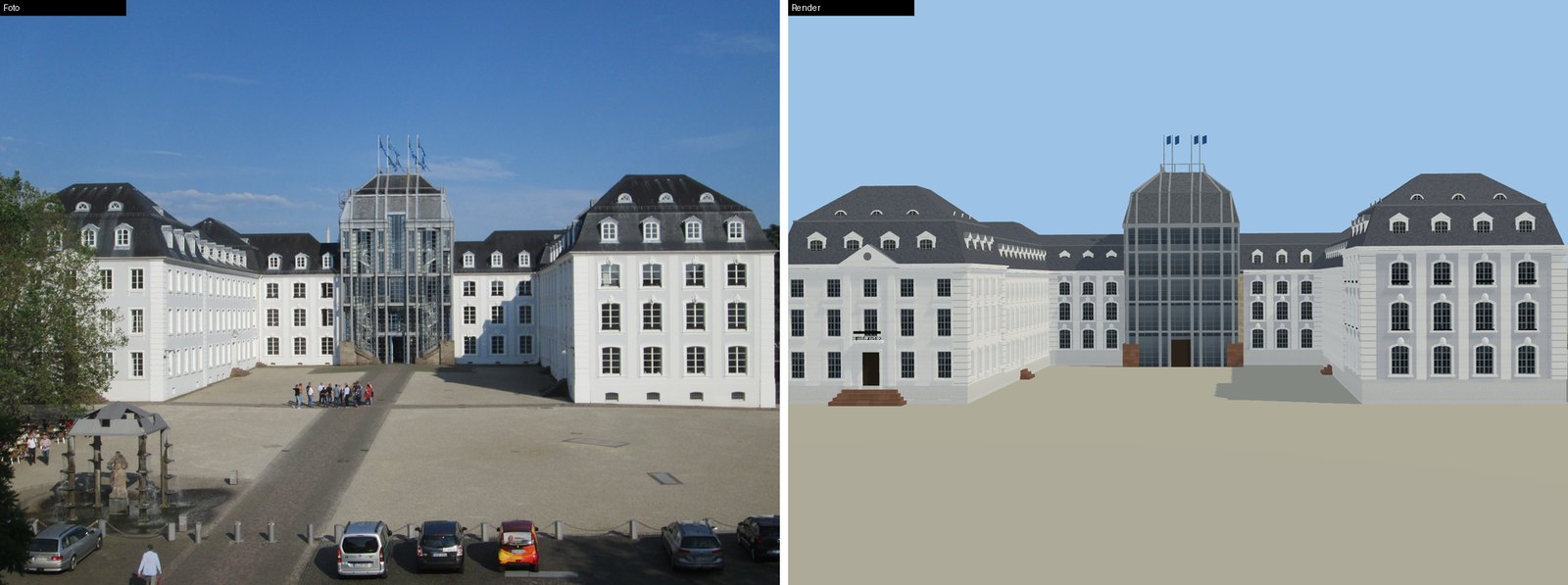 Links ein Commons-Foto des Saarbrücker Schlosses (AnRo0002, CC0), rechts das Modell von Opus 5.5 aus demselben Blickwinkel
